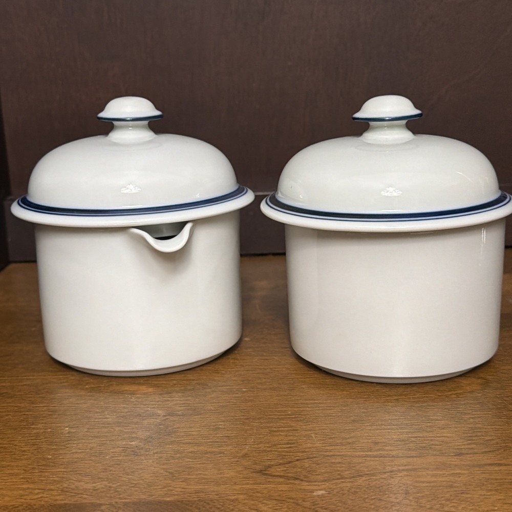Dansk Christianshavn Bistro Covered Cream and Sugar Bowl Set White Blue Stripes